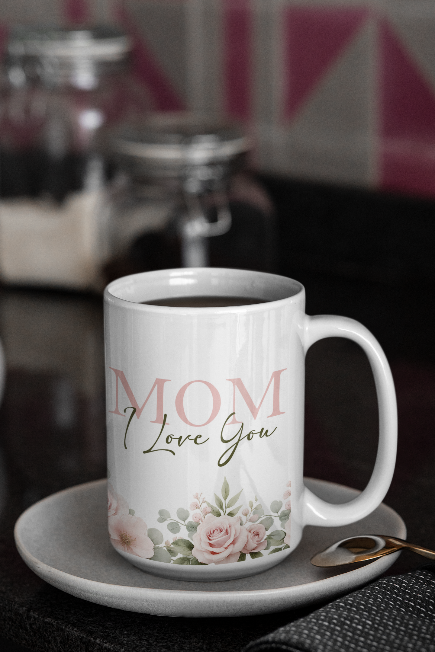 custom name mug for mom with pink floral wrap design and elegant kitchen gift style