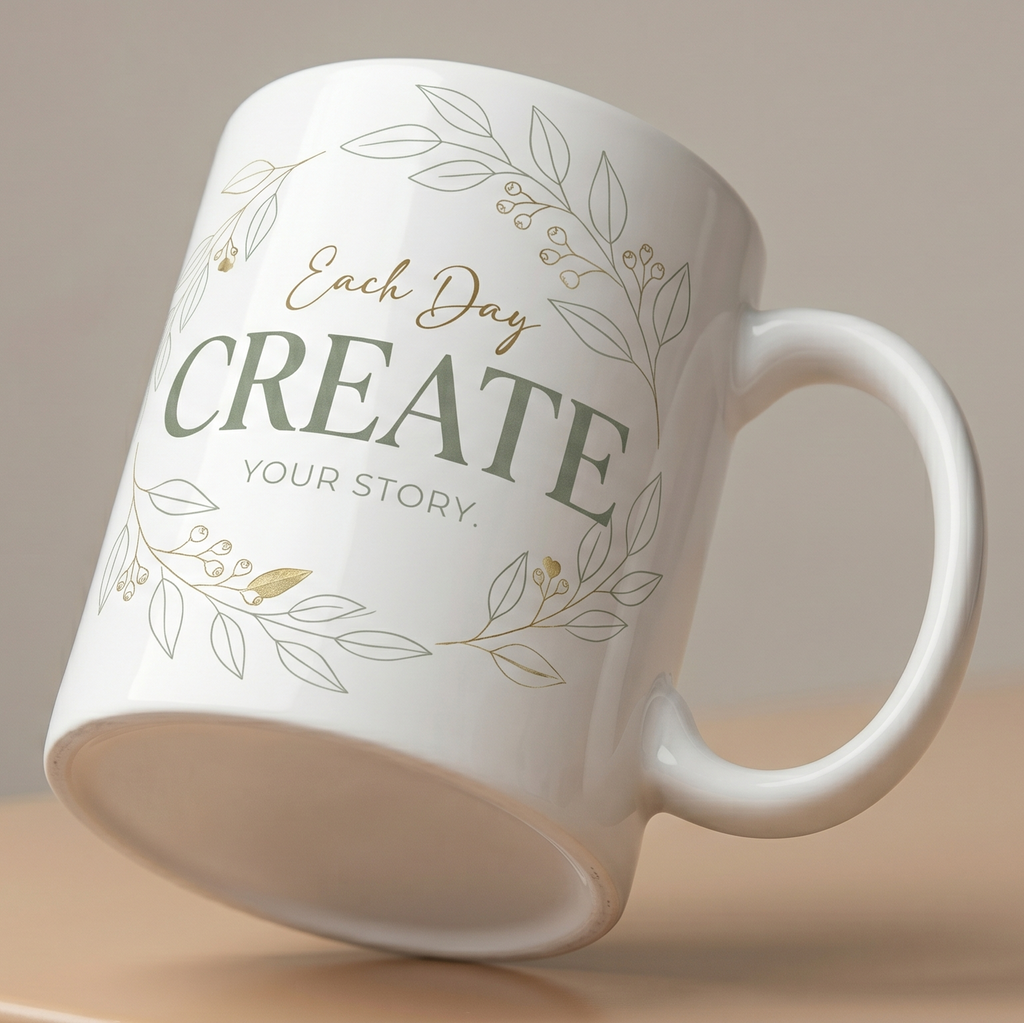 White mug with motivational quote on a beige background