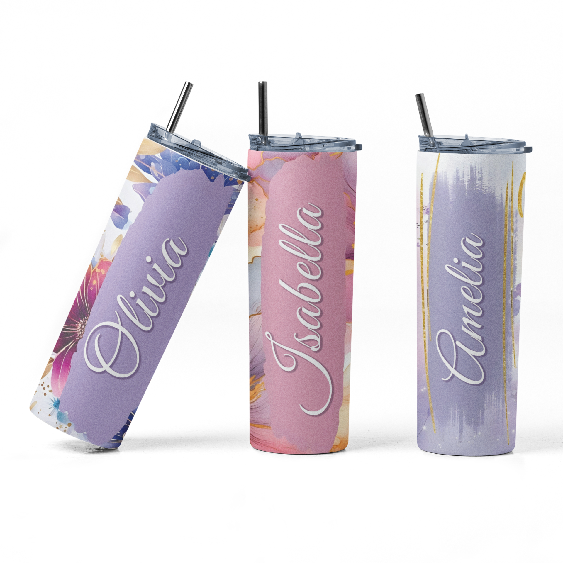 Personalized Floral & Butterfly Tumbler – Custom Name 20oz Skinny Cup