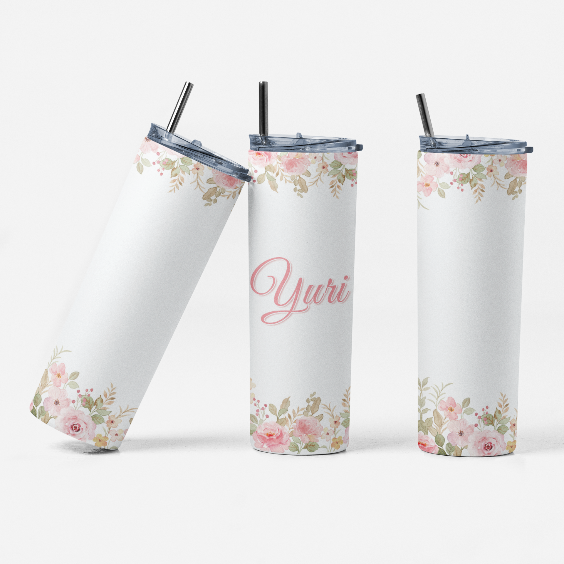 Personalized Floral Tumbler – Custom Name 20oz Skinny Cup, Gift for Her