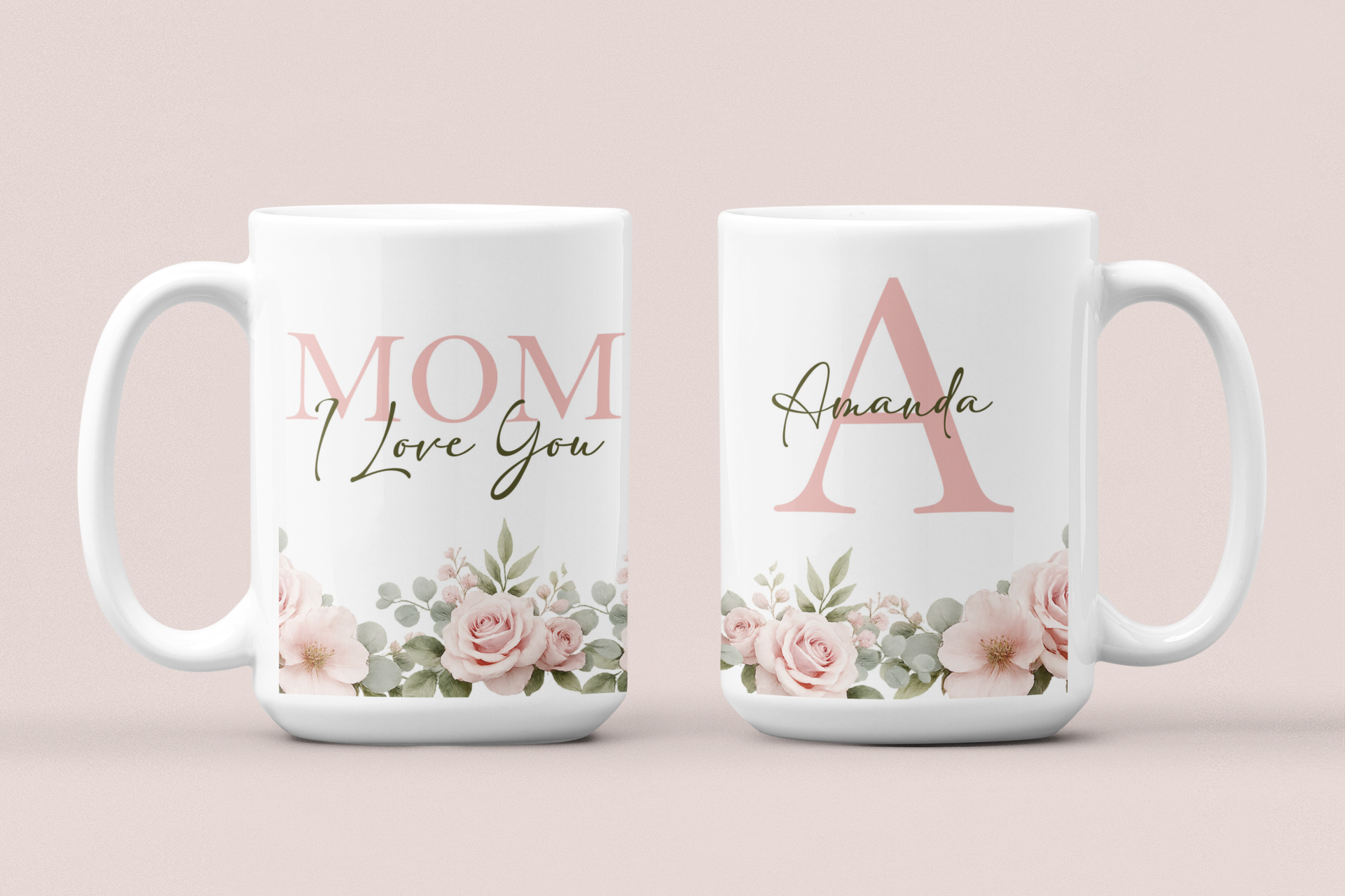 Personalized Mom Mug – MOM I Love You Floral Design with Initial & Name