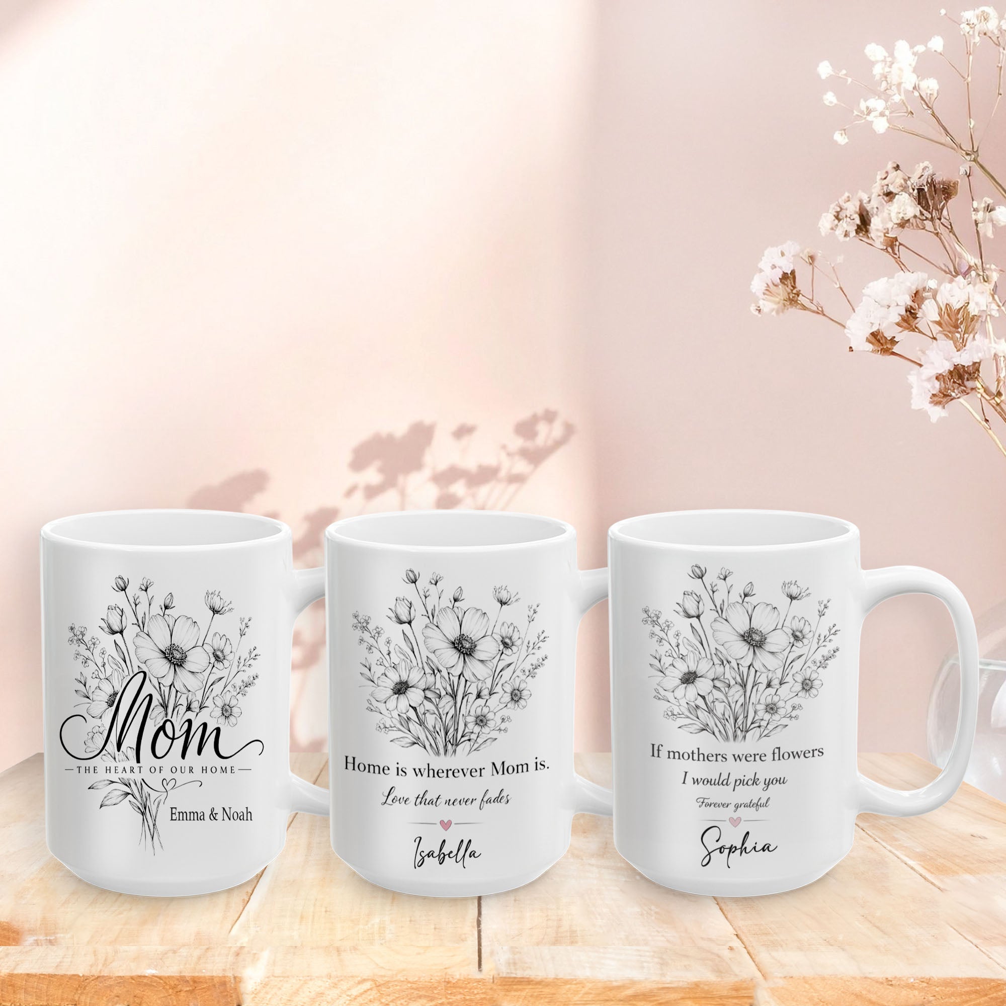 Personalized Mom Mug – Floral Designs – Custom Names Gift