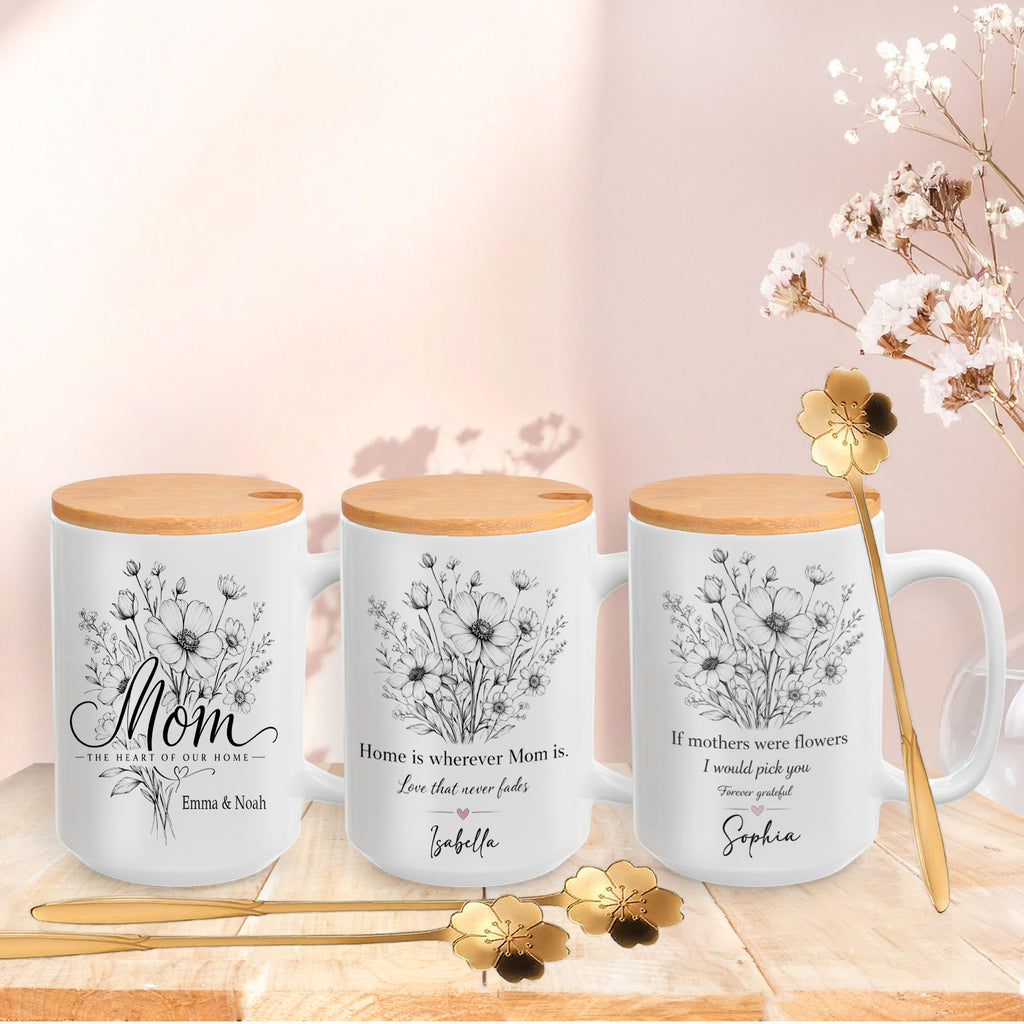Personalized Mom Mug – Floral Designs – Custom Names Gift