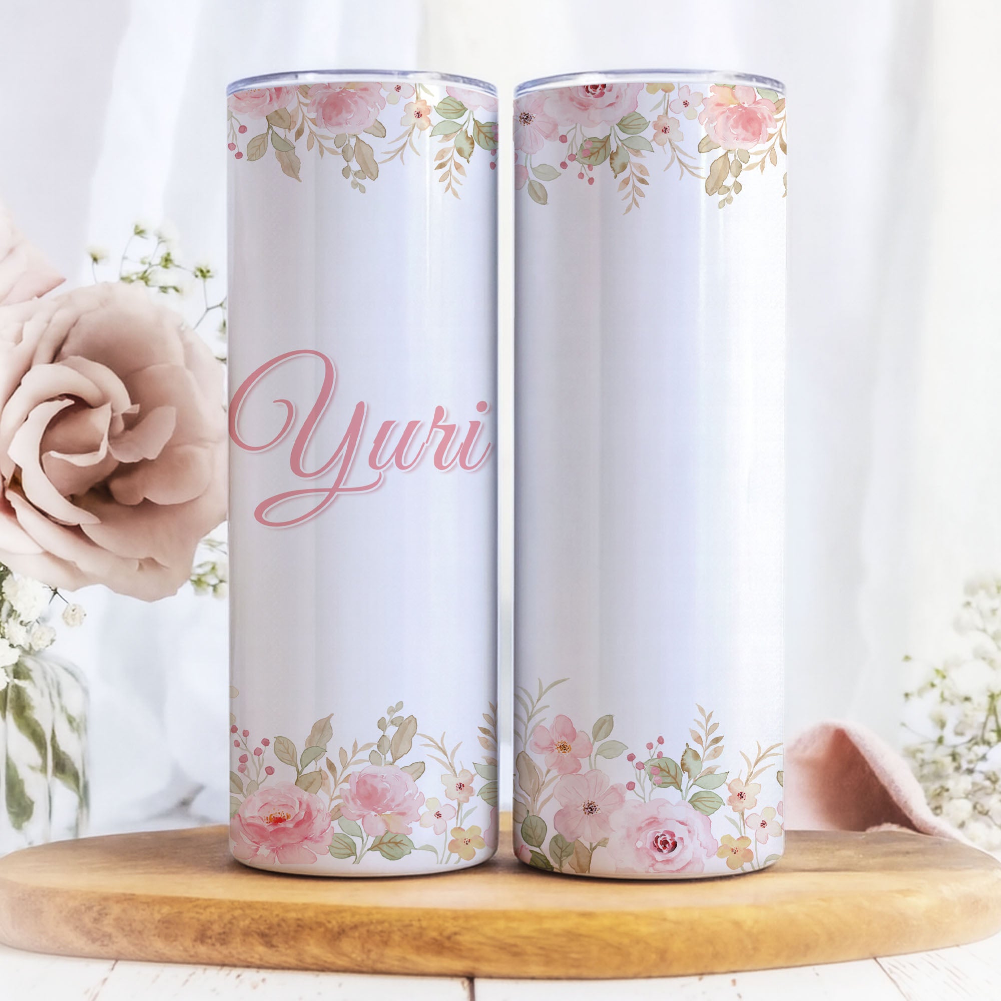 Personalized Floral Tumbler – Custom Name 20oz Skinny Cup, Gift for Her