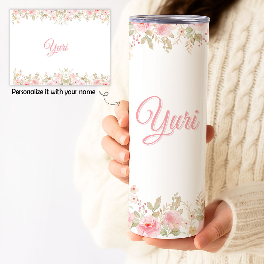 Personalized Floral Tumbler – Custom Name 20oz Skinny Cup, Gift for Her
