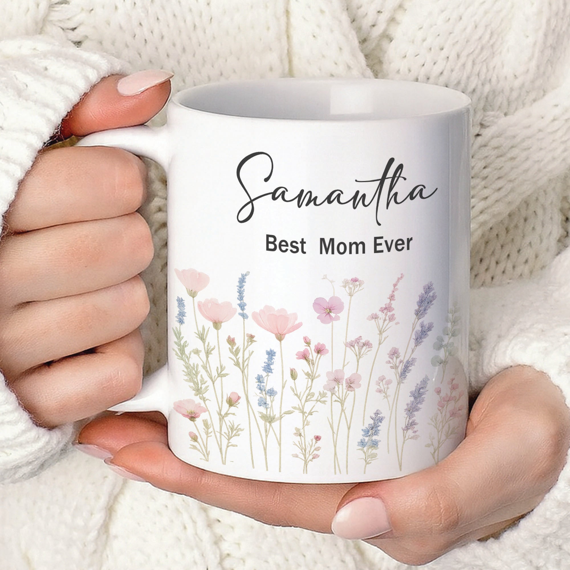 Woman holding personalized floral mug with name cozy aesthetic lifestyle gift for mom