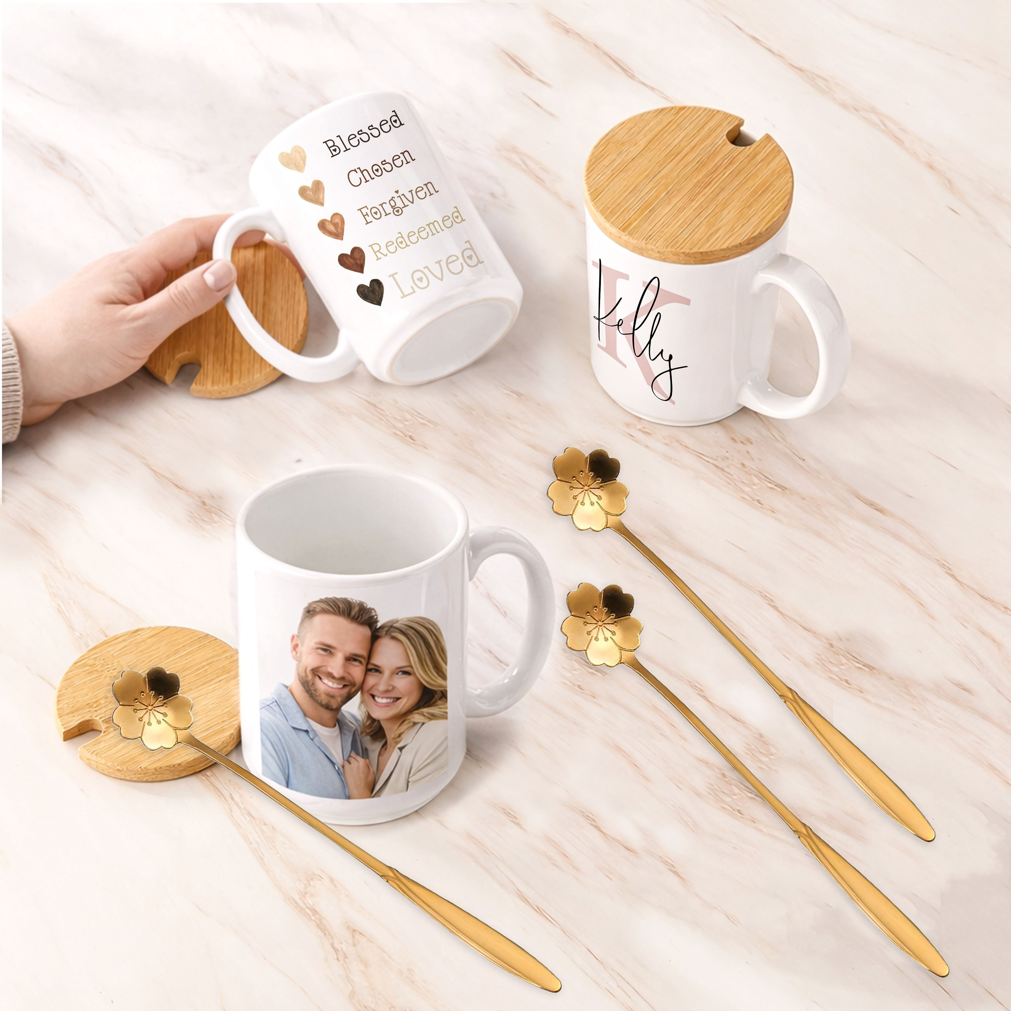 Example of a personalized 15 oz white ceramic mug with custom photo and text, bamboo lid, and gold-tone flower spoon. Design shown is for display purposes only.
