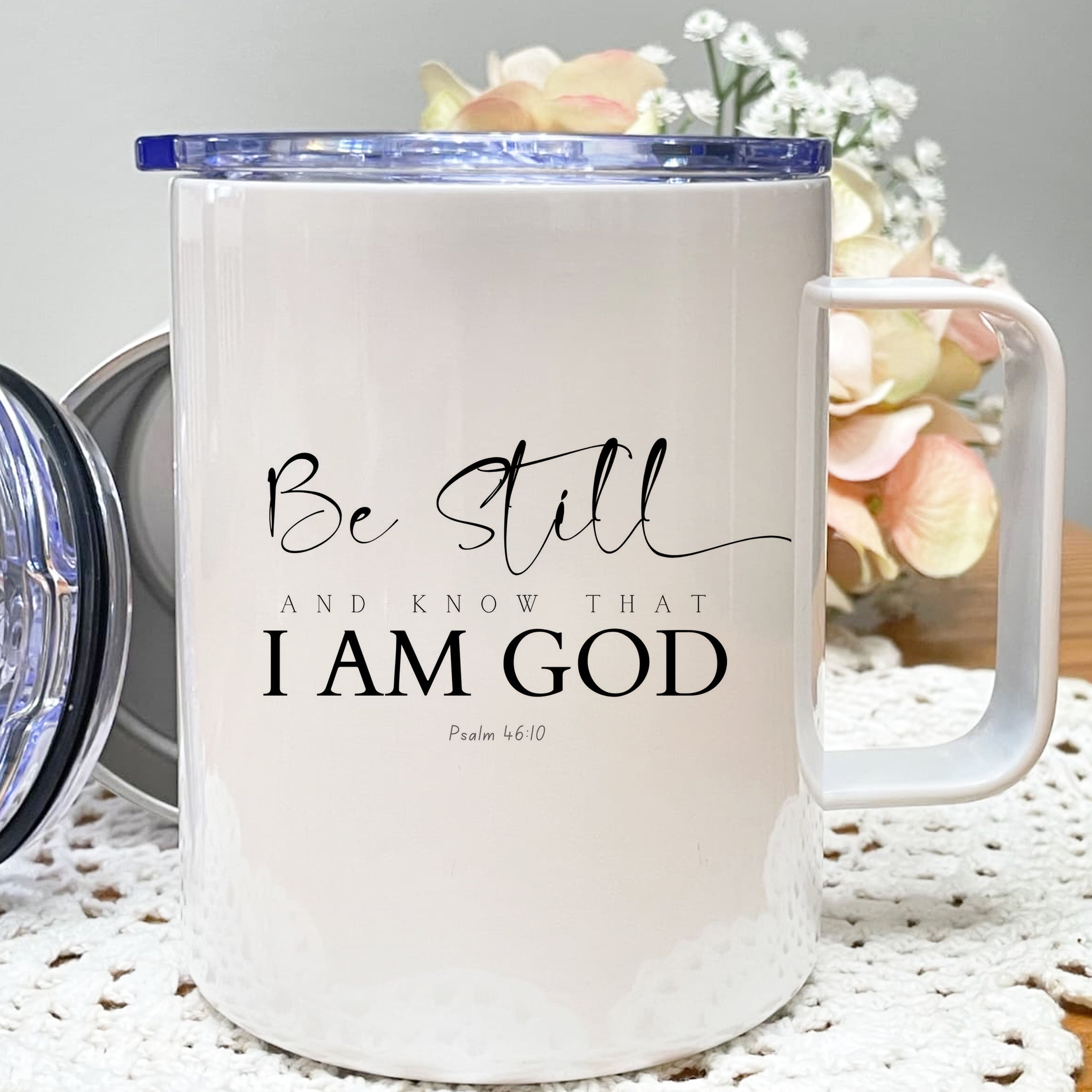Personalized Christian insulated coffee mug Psalm 46 10 stainless steel 12oz