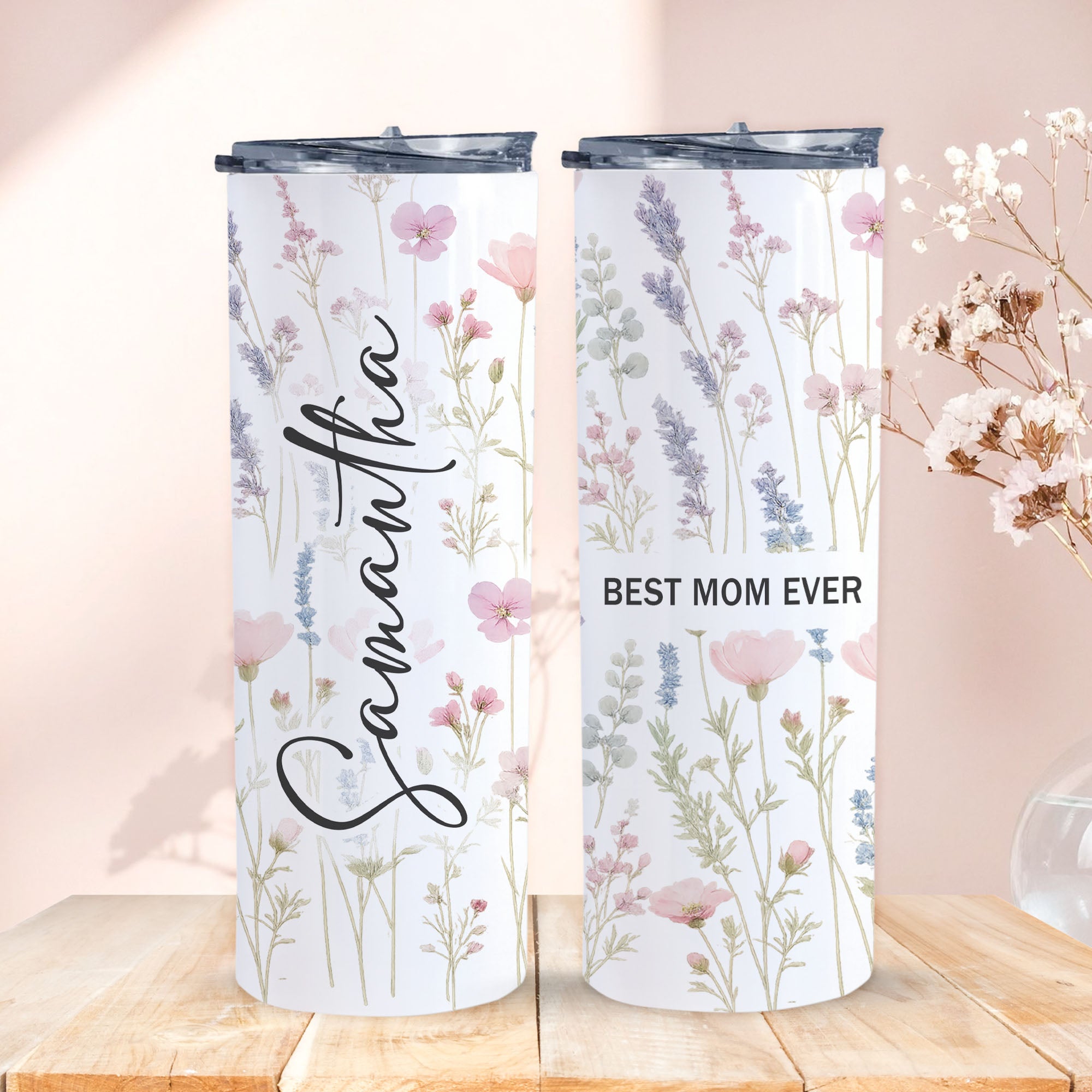 Personalized floral tumbler with custom name elegant wildflower design gift for mom 20oz
