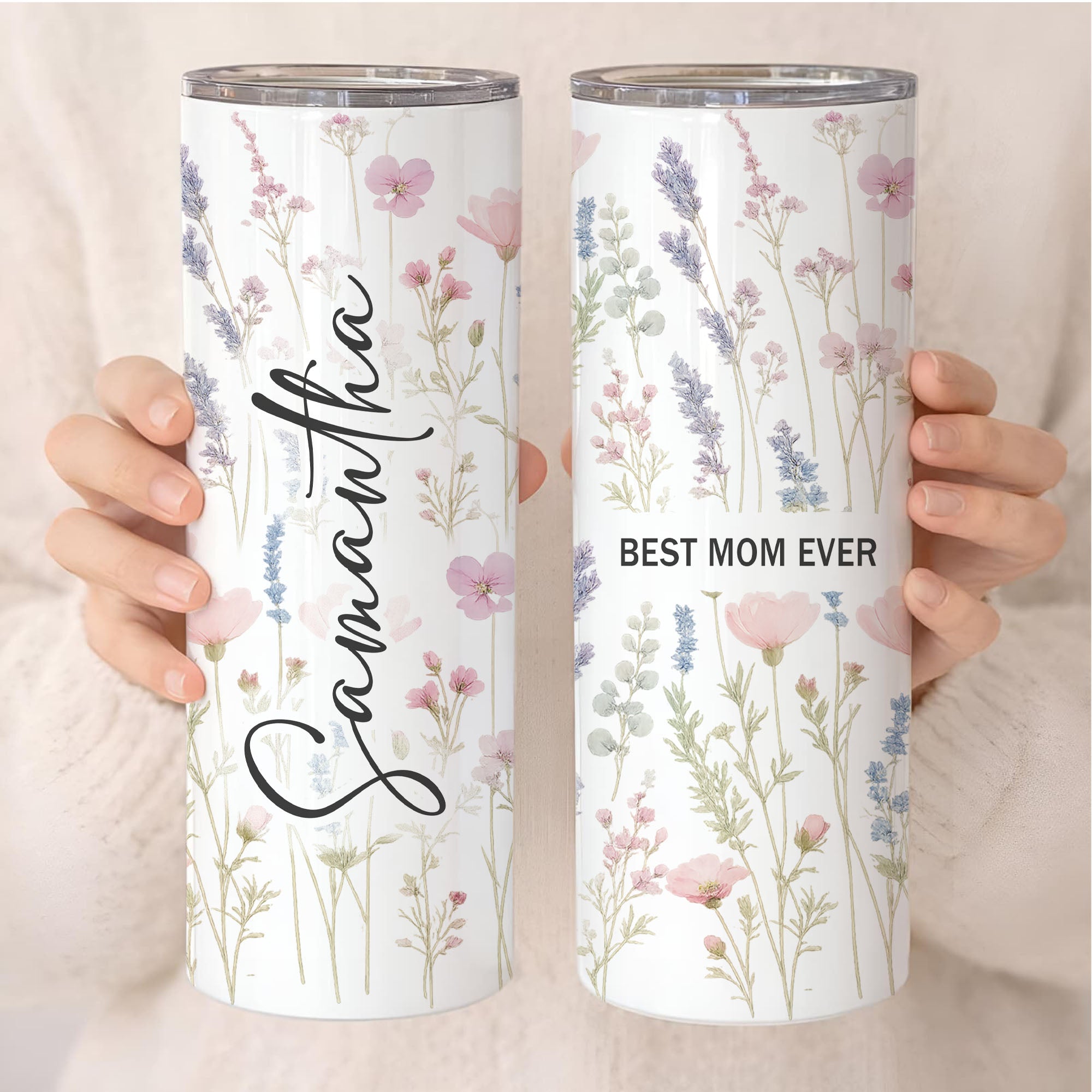 Alt text:
Personalized floral tumbler with custom name elegant wildflower design gift for mom 20oz