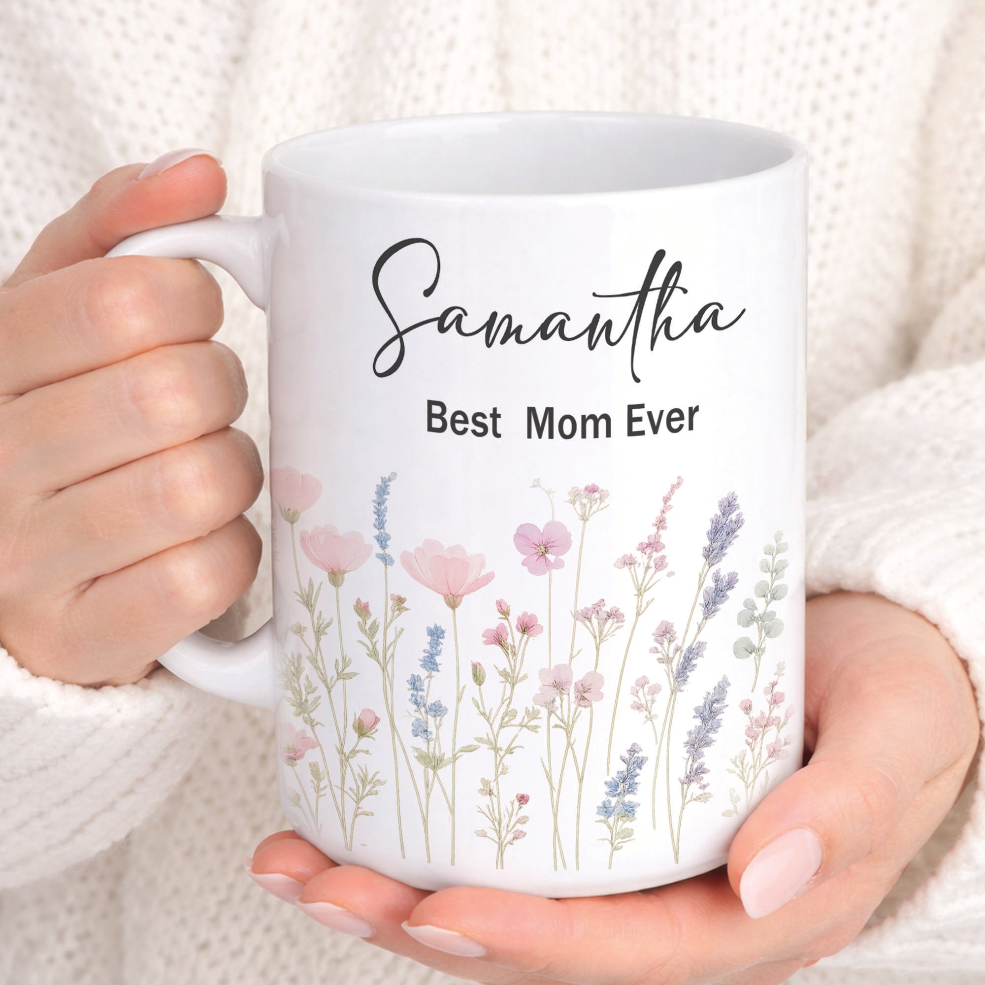 Woman holding personalized floral mug with name cozy aesthetic lifestyle gift for mom