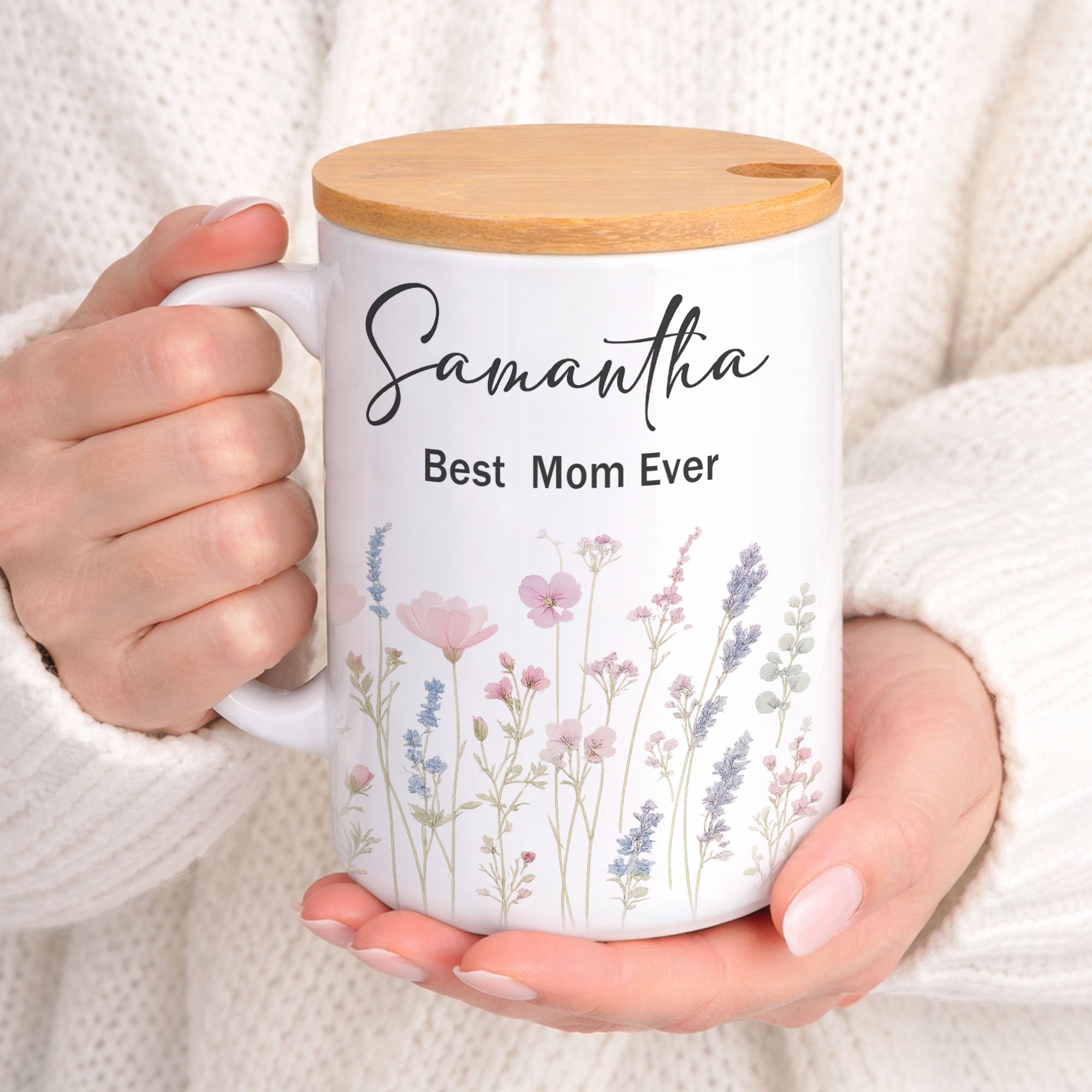 Woman holding personalized floral mug with name cozy aesthetic lifestyle gift for mom