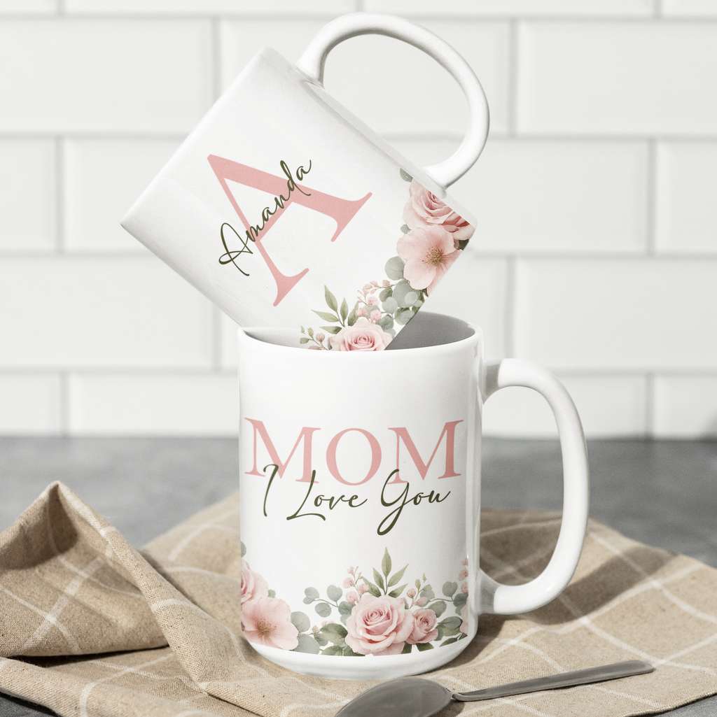 personalized mom mug with floral design and custom initial and name on white coffee mug