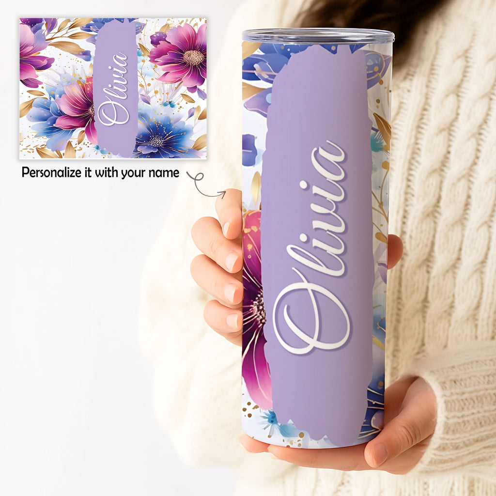 Personalized Floral & Butterfly Tumbler – Custom Name 20oz Skinny Cup