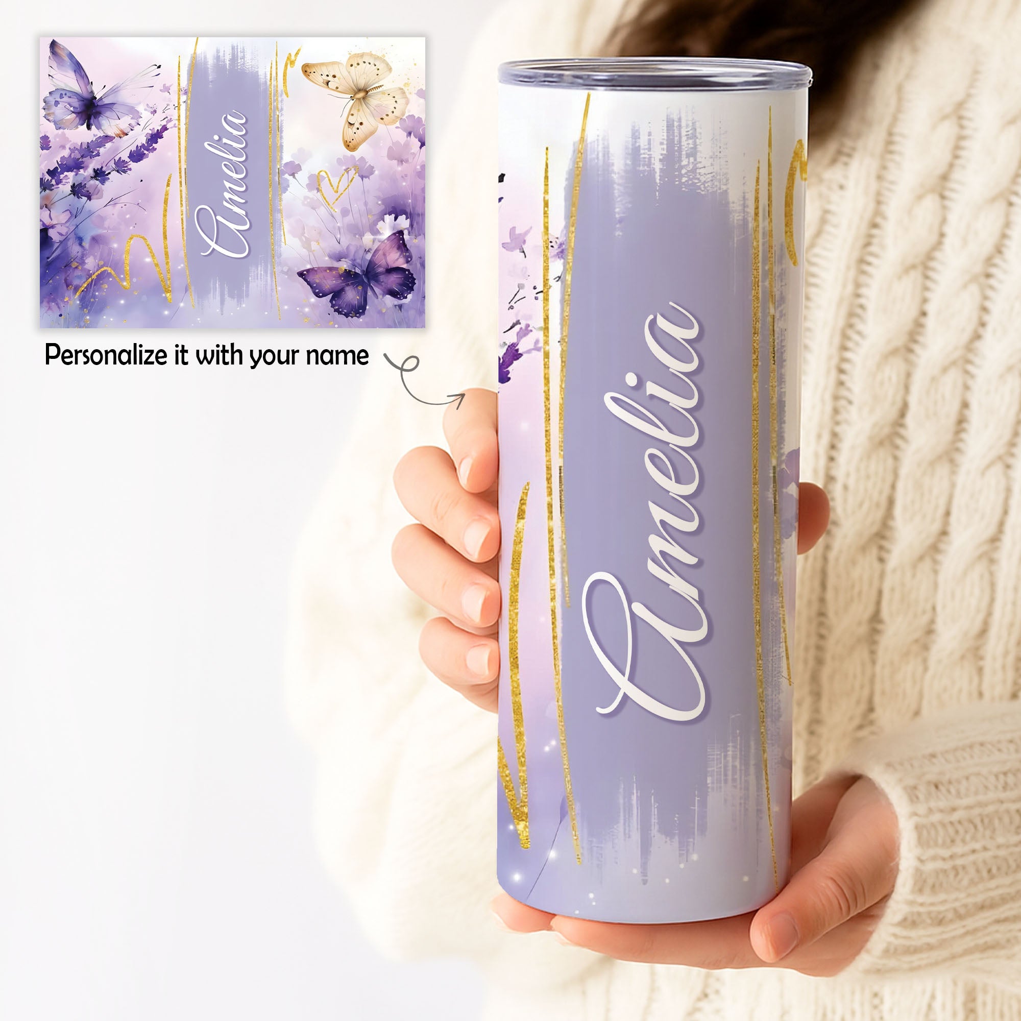 Personalized Floral & Butterfly Tumbler – Custom Name 20oz Skinny Cup