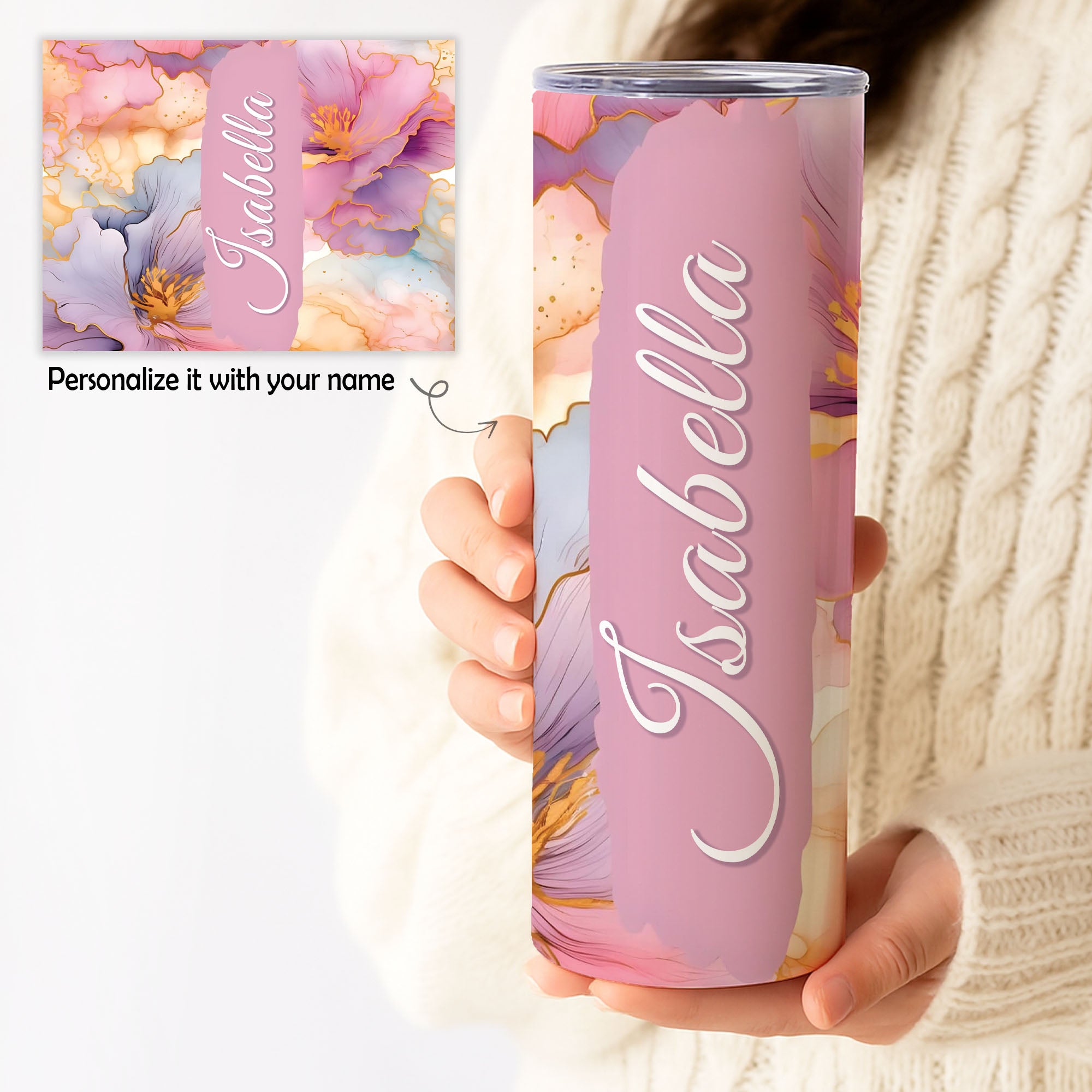 Personalized Floral & Butterfly Tumbler – Custom Name 20oz Skinny Cup