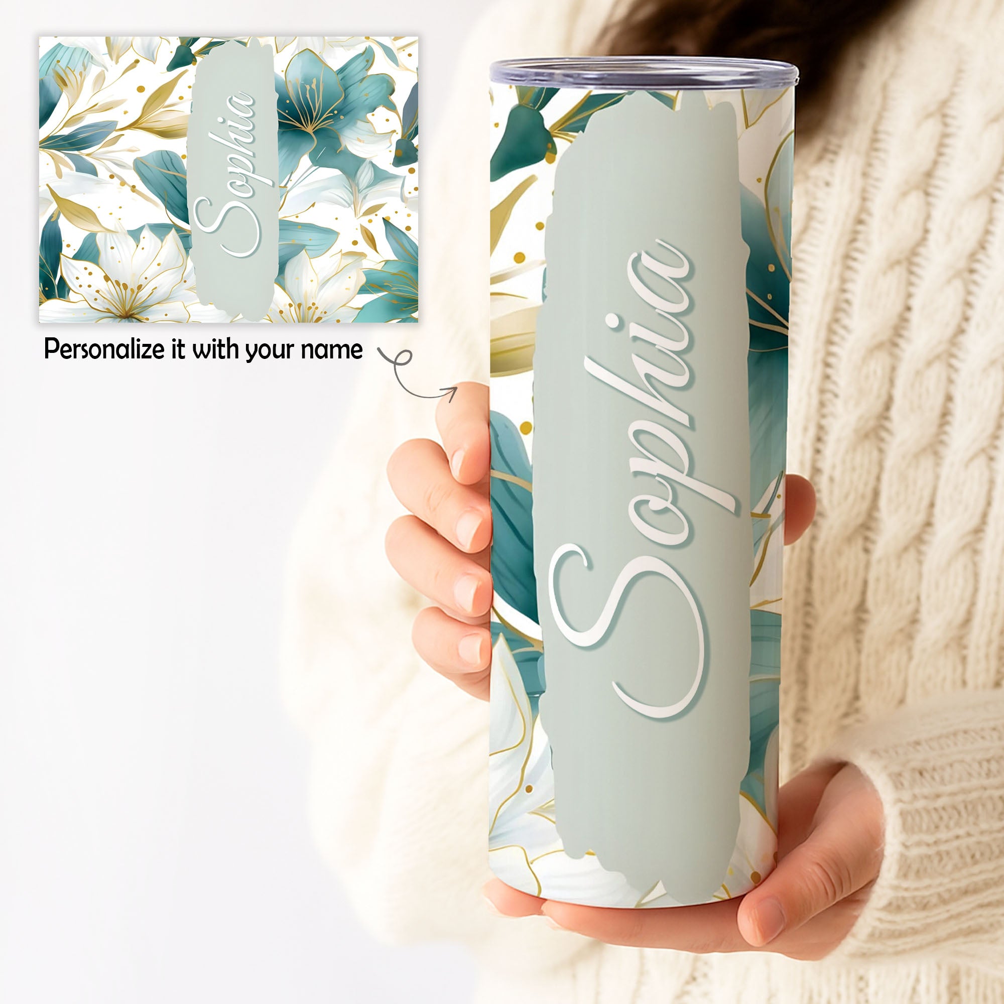Personalized Floral Name Tumbler – Custom 20oz Skinny Cup