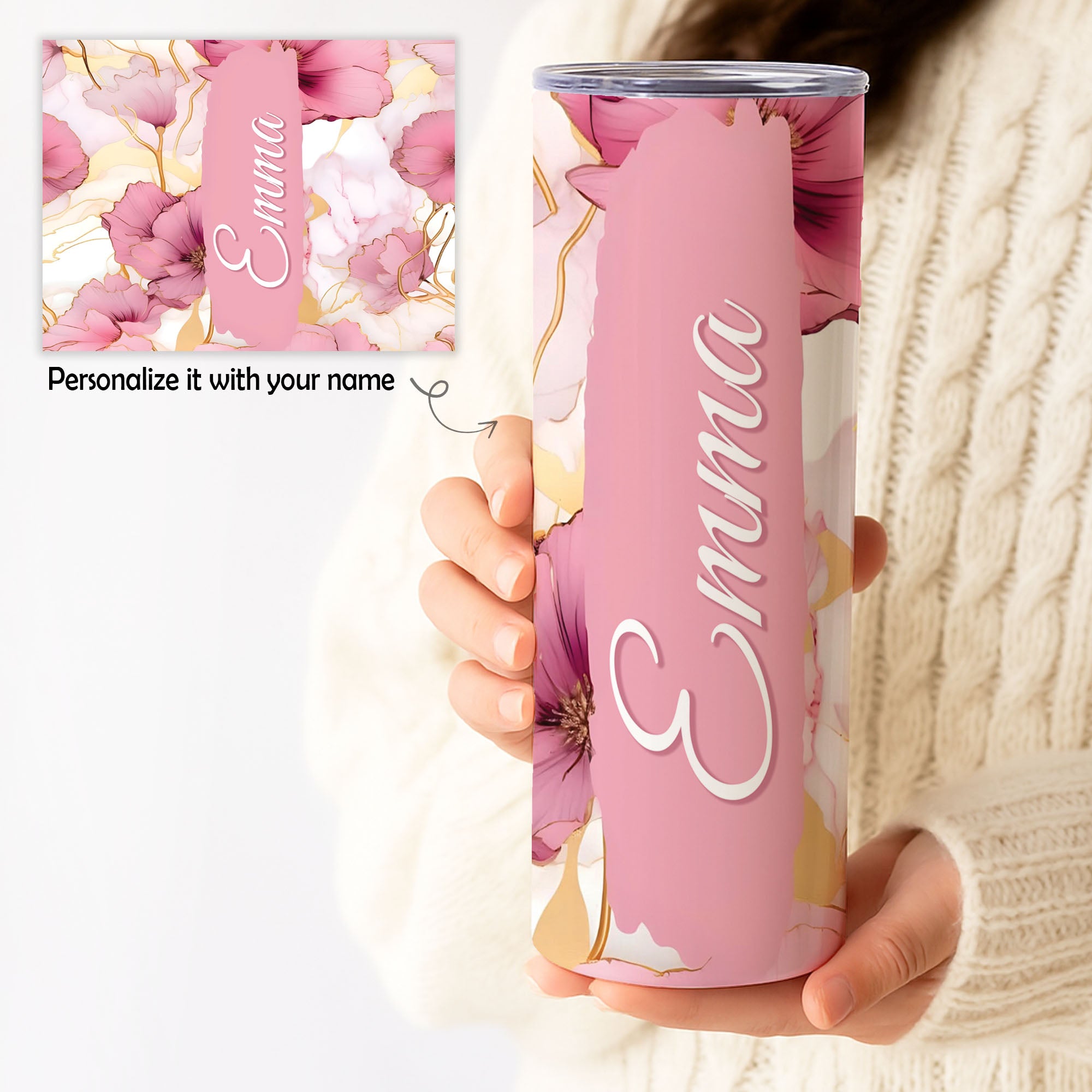 Personalized Floral Name Tumbler – Custom 20oz Skinny Cup