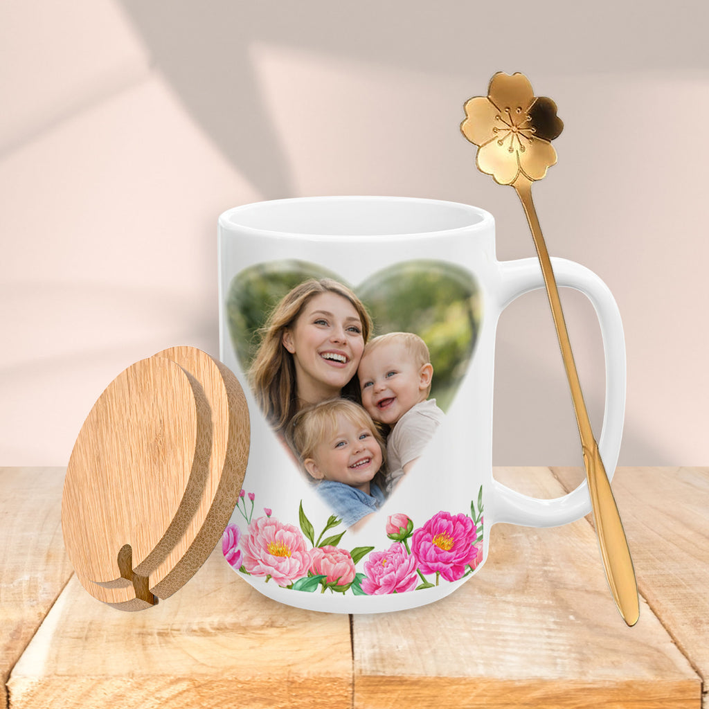 Custom Photo Mug 15oz with Bamboo Lid & Gold Spoon | Personalized Gift