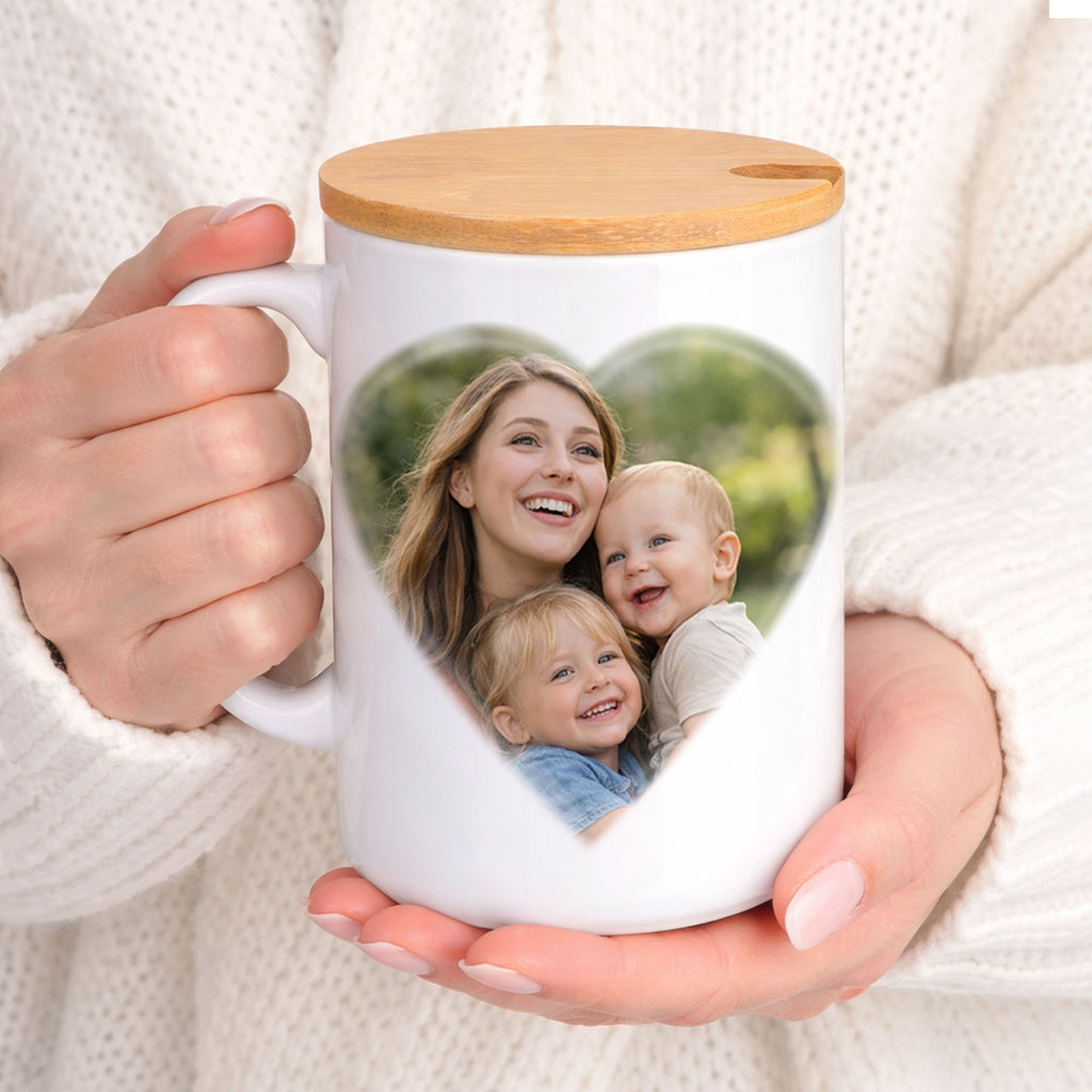 Custom Photo Mug 15oz with Bamboo Lid & Gold Spoon | Personalized Gift