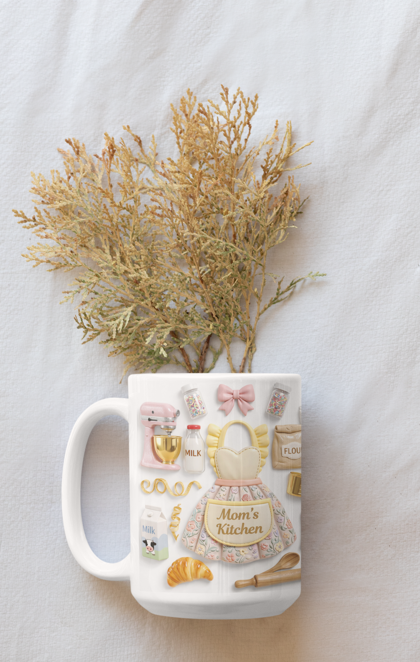 white ceramic mug with mom kitchen illustration and name